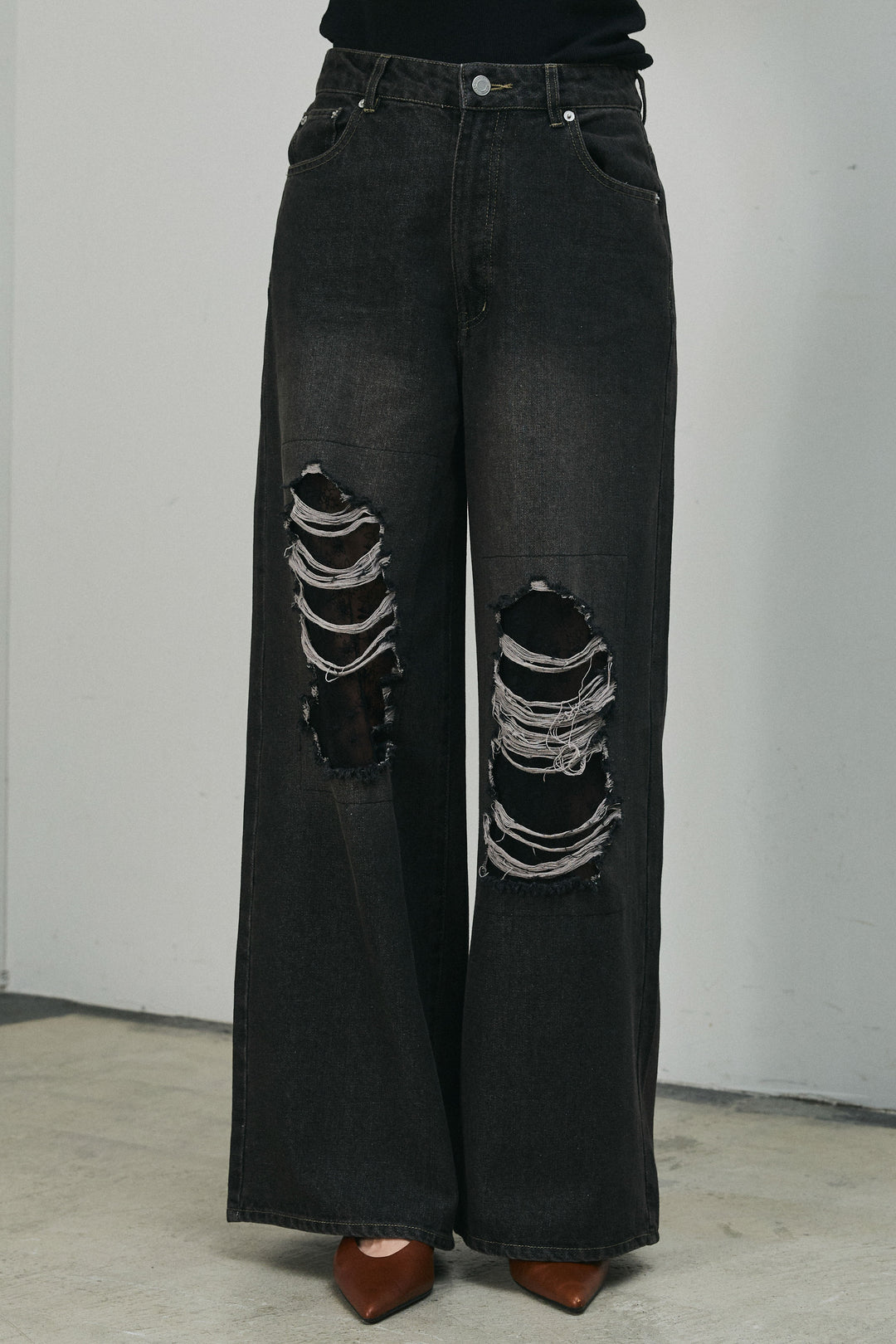 [予約]レース付きダメージデニム