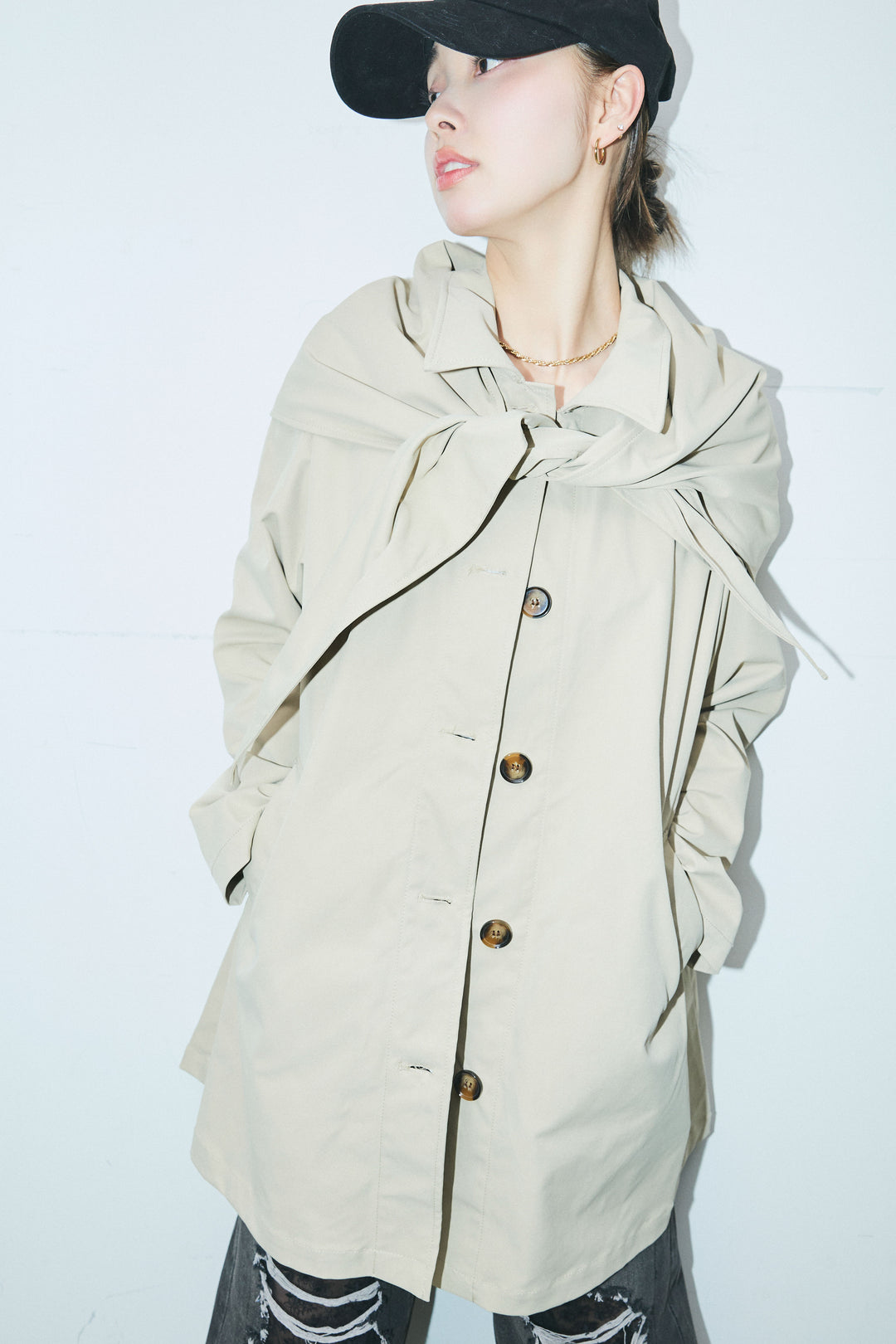 [予約]スカーフ付きステンカラースプリングコート