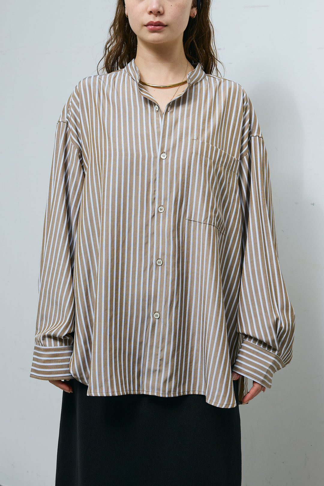 [予約]レーヨンストライプバンドカラーシャツ