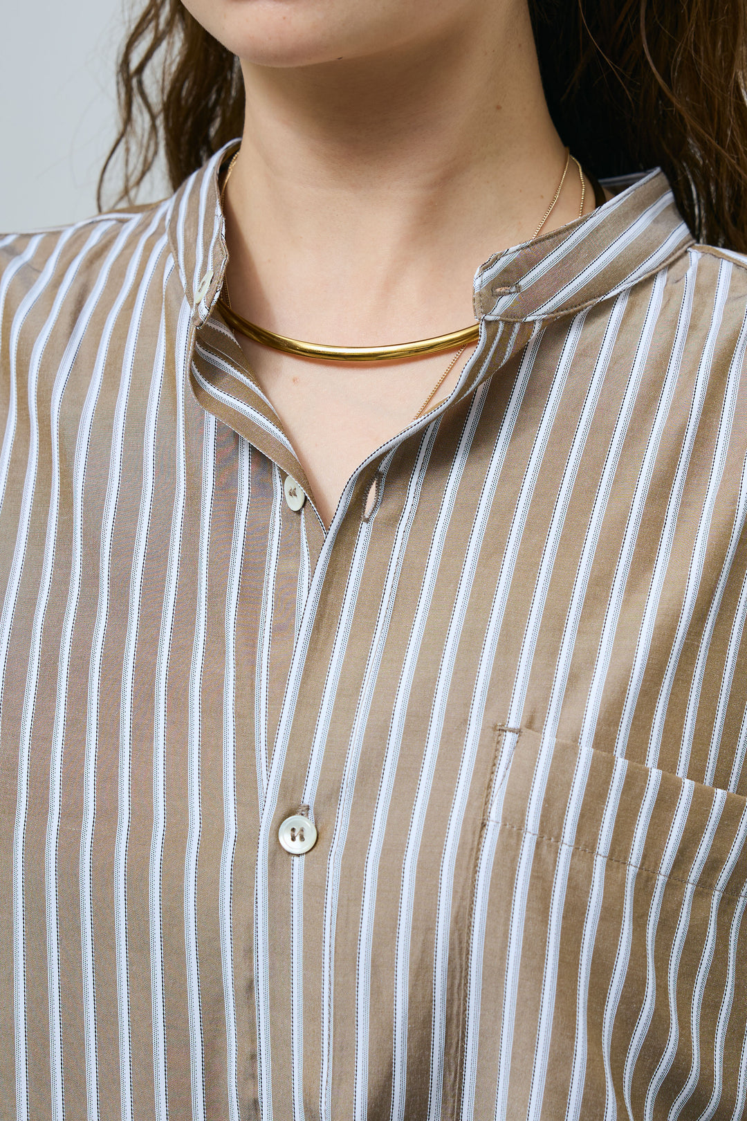 [予約]レーヨンストライプバンドカラーシャツ