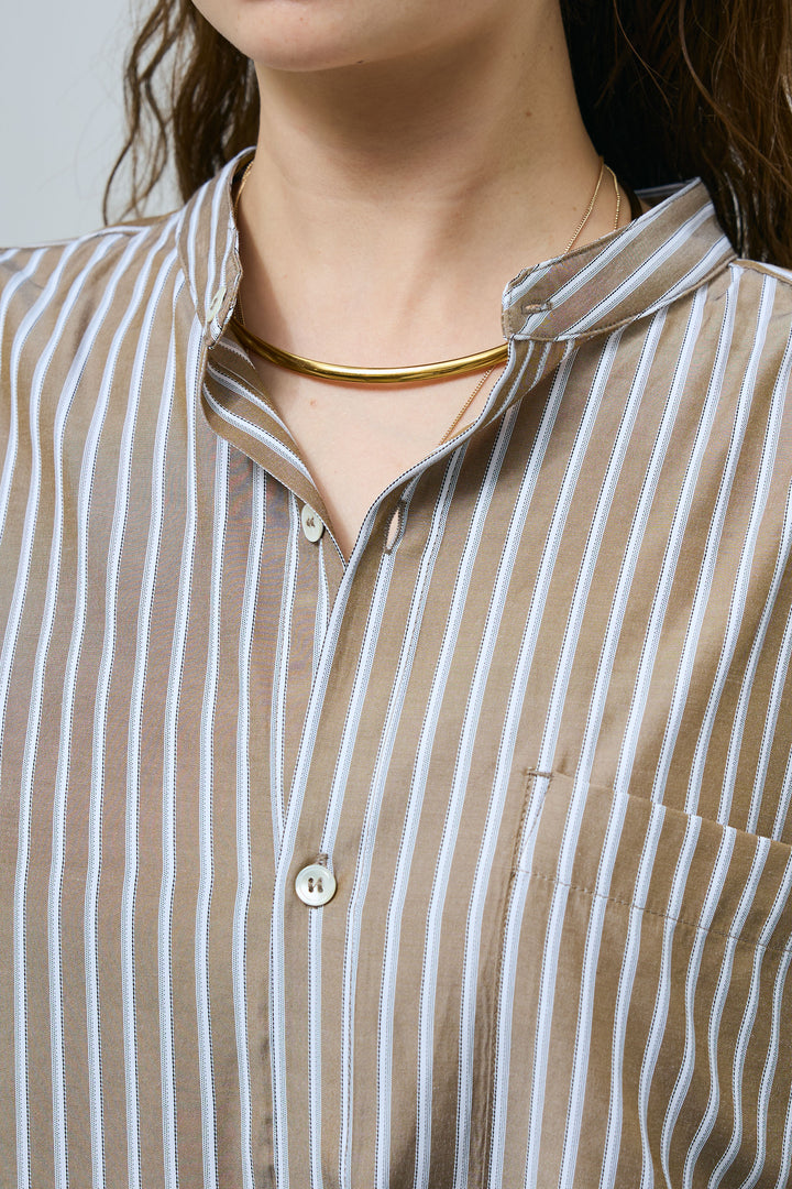 [予約]レーヨンストライプバンドカラーシャツ