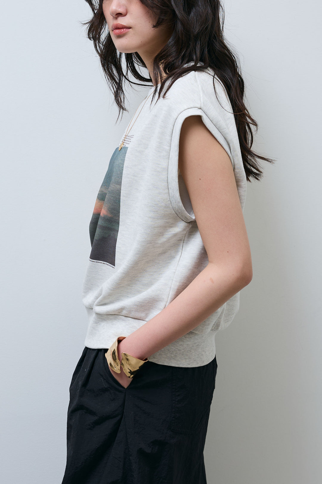 [予約/SET]フォトプリント裏毛ノースリPO+レース 切替ロングスカート(2set)