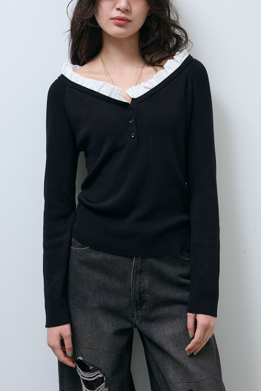 [予約/SET]ミニフリルニットトップス+レース付きダメージデニム(2set)