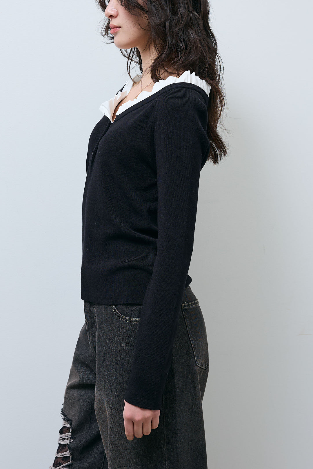 [予約/SET]ミニフリルニットトップス+レース付きダメージデニム(2set)