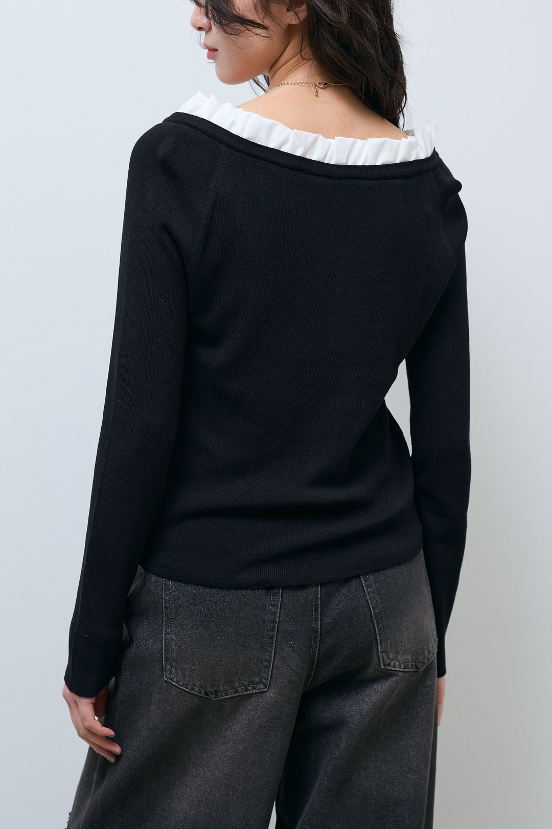 [予約/SET]ミニフリルニットトップス+レース付きダメージデニム(2set)