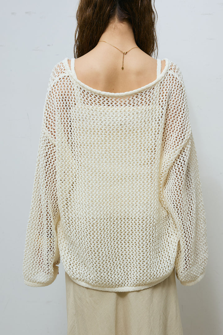 [予約/SET]メッシュ編みキャミセットVネックプルオーバー+リネンブレンドロングナロースカート(2set)