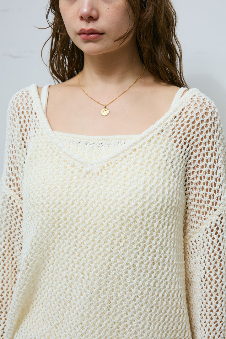 [予約/SET]メッシュ編みキャミセットVネックプルオーバー+リネンブレンドロングナロースカート(2set)