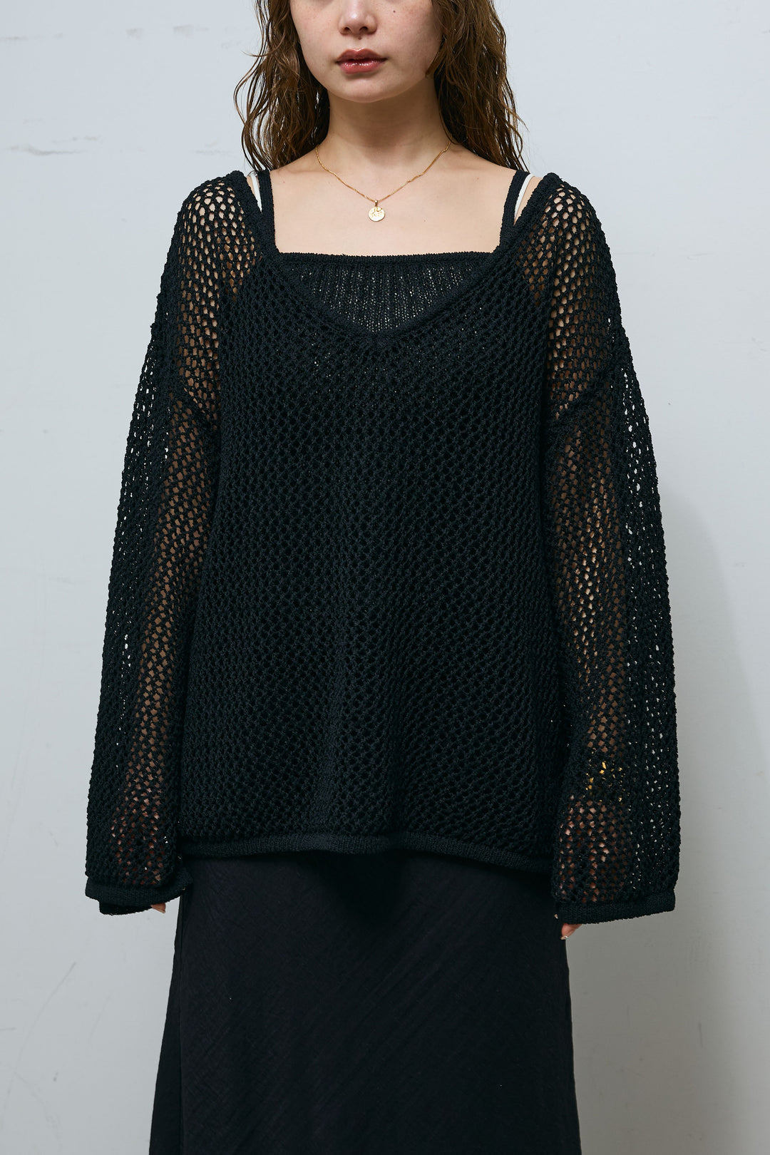 [予約]メッシュ編みキャミセットVネックプルオーバー