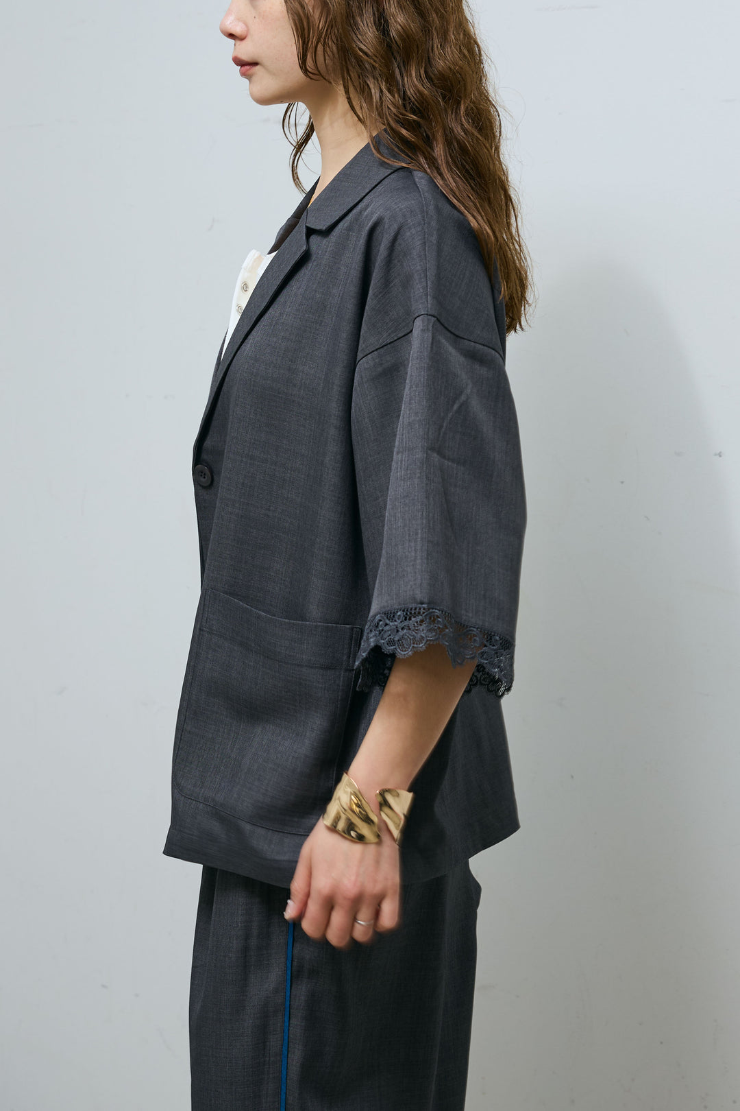 [予約/SET]袖レースハーフスリーブジャケット+サイド配色パンツ(2set)