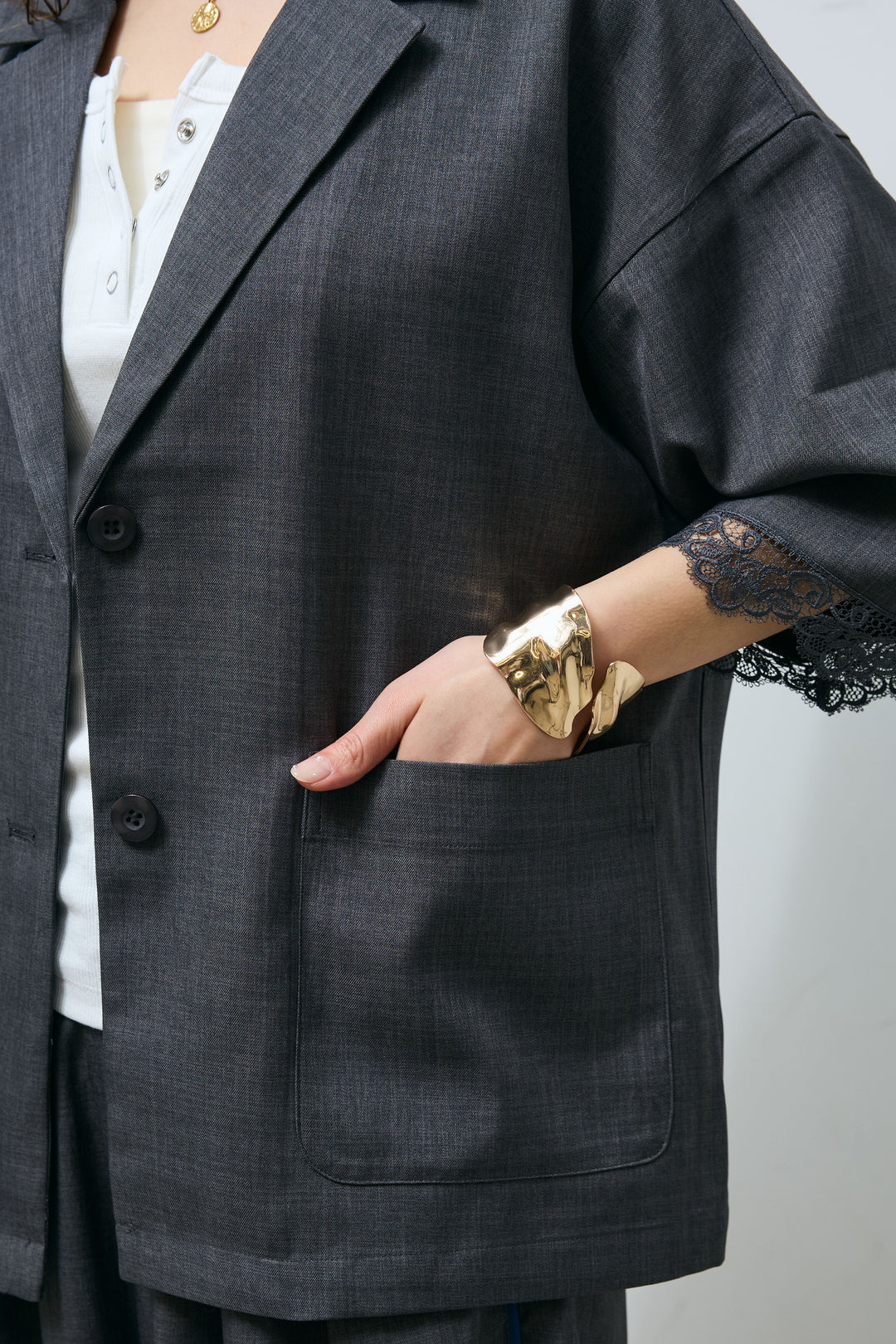 [予約/SET]袖レースハーフスリーブジャケット+サイド配色パンツ(2set)