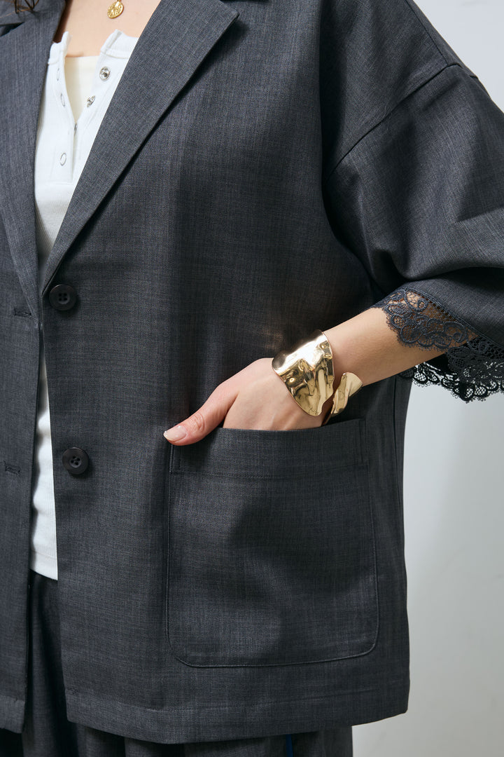 [予約/SET]袖レースハーフスリーブジャケット+サイド配色パンツ(2set)