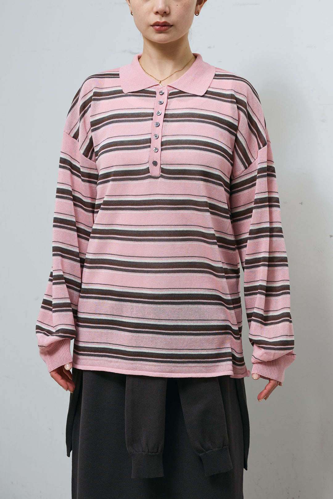 [予約/SET]ボーダーシアーポロプルオーバー+フェイクレイヤードニットスカート(2set)