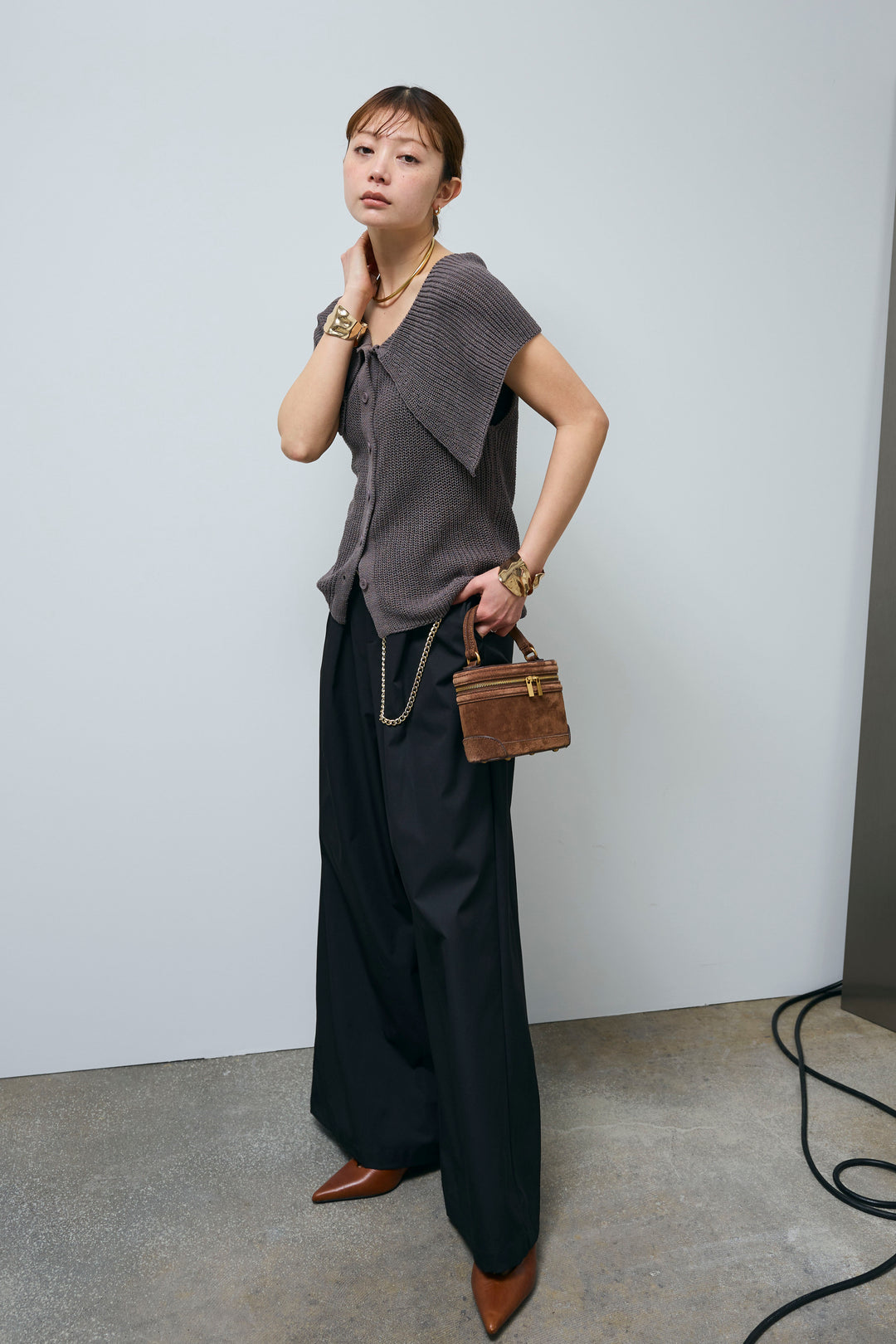 [予約/SET]ビッグカラーニットトップス+ハイウエストタックワイドパンツ(2set)