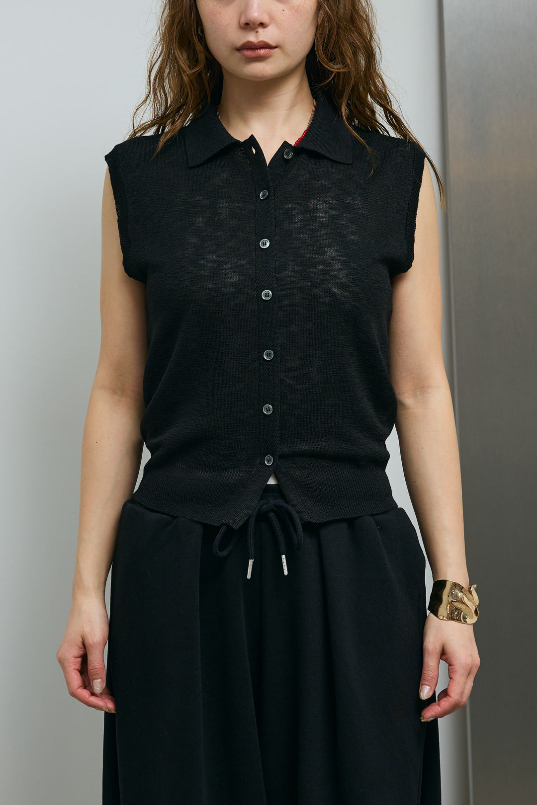 [予約/SET]ノースリーブポロニット+フルギャザーマキシスカート(2set)