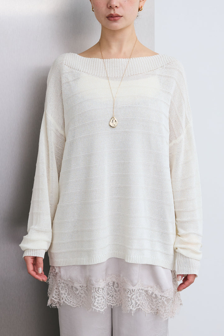 [予約/SET]ボートネックテクスチャーボーダーサマーニット+スリットレースサテンパンツ(2set)