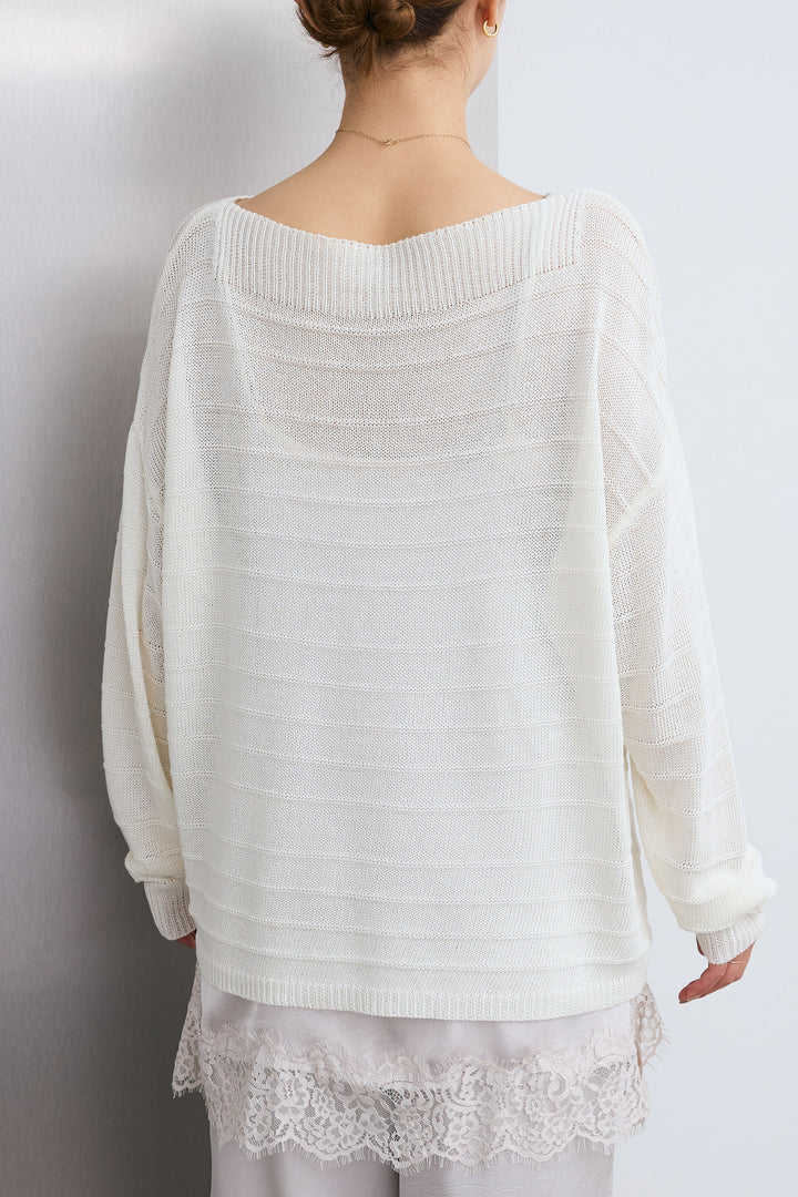 [予約/SET]ボートネックテクスチャーボーダーサマーニット+レーストリムキャミ+スリットレースサテンパンツ(3set)