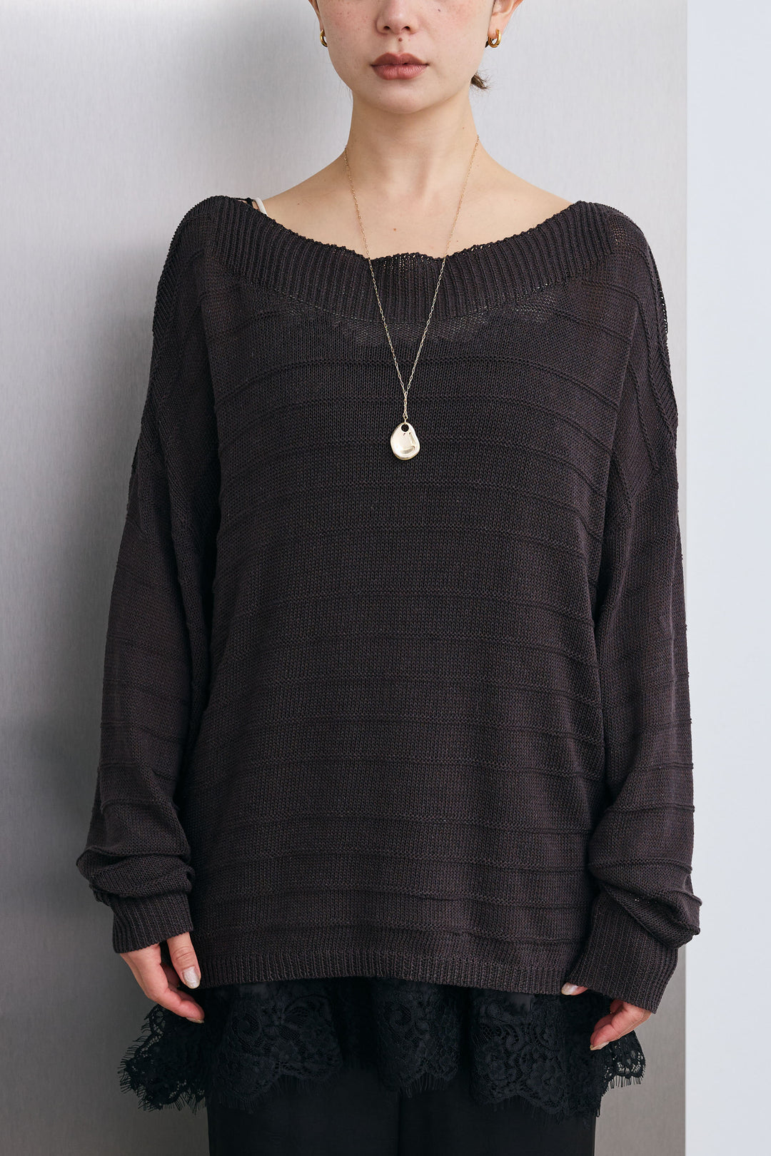 [予約/SET]ボートネックテクスチャーボーダーサマーニット+スリットレースサテンパンツ(2set)