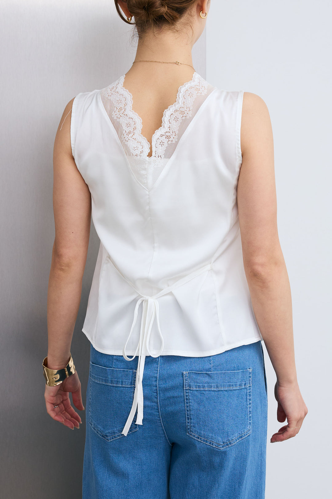 [予約/SET]レーストリムサテンノースリーブブラウス+フロントジップストラップデザインデニムサロペット(2set)