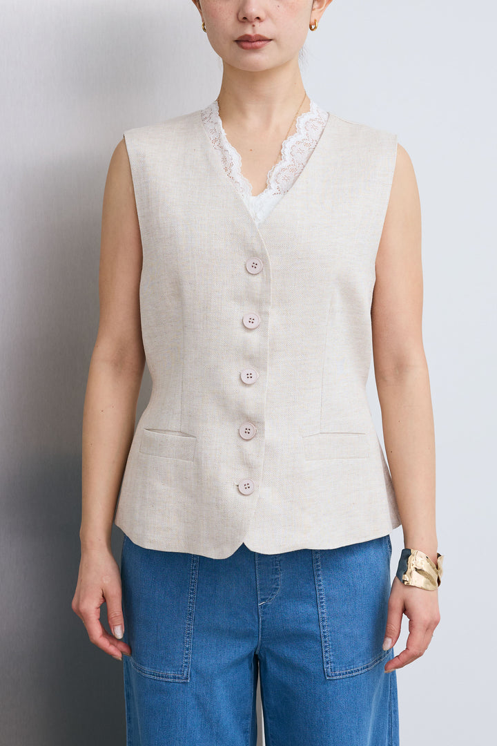 [予約/SET]レーストリムサテンノースリーブブラウス+リネンタッチVネックジレ+ストレッチイージーデニム(3set)