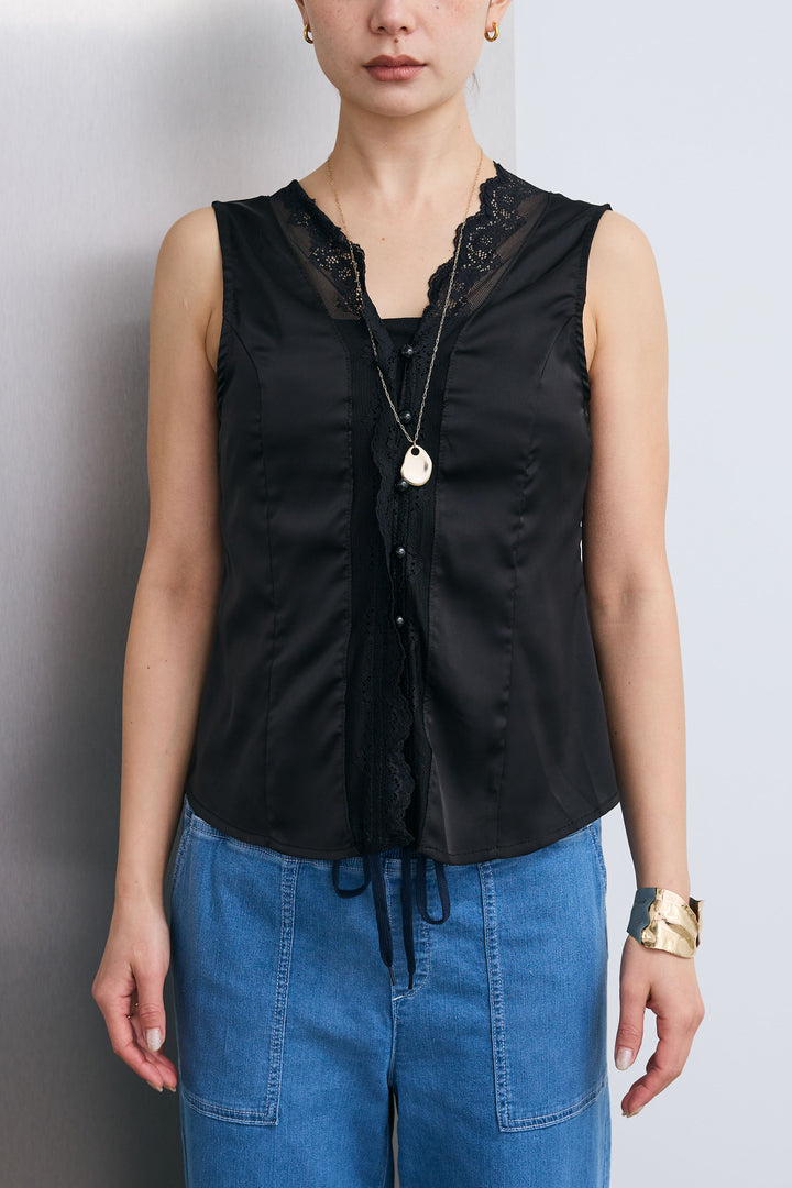 [予約/SET]レーストリムサテンノースリーブブラウス+フロントジップストラップデザインデニムサロペット(2set)