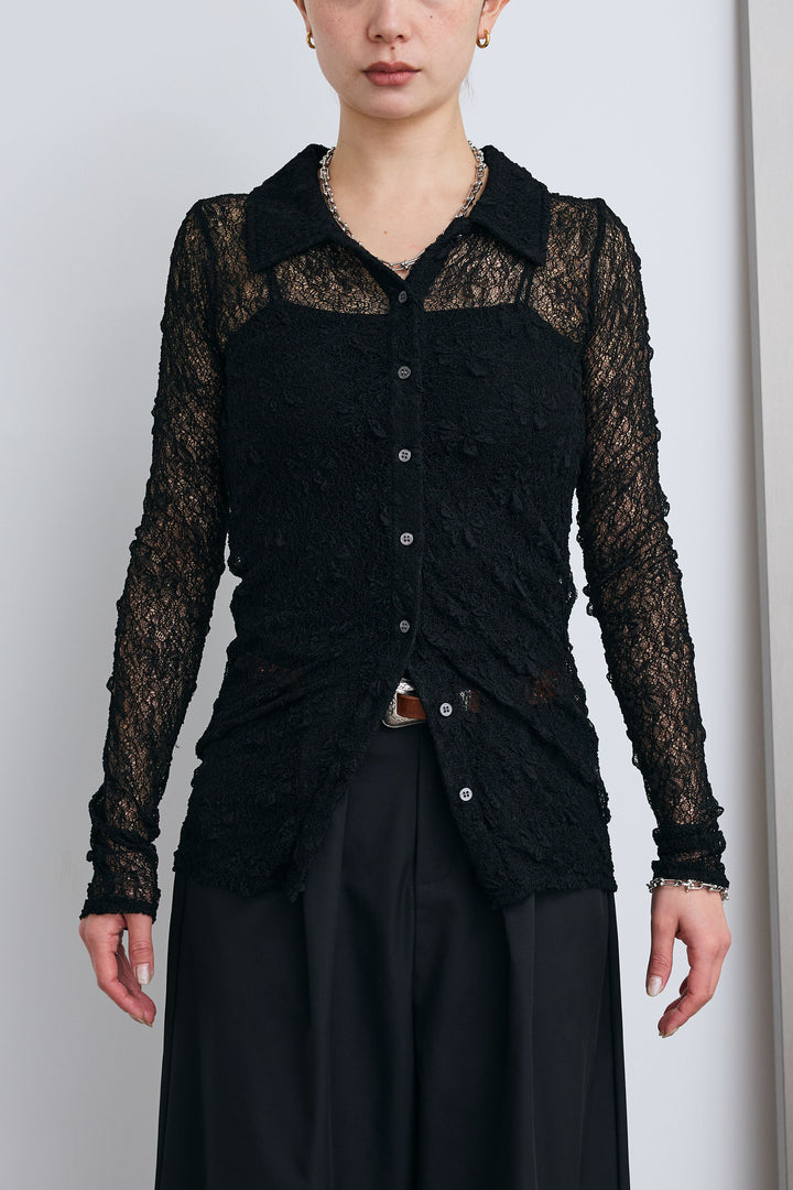 [予約/SET]シアーレース襟付きカーデ+ハイウエストタックワイドパンツ(2set)