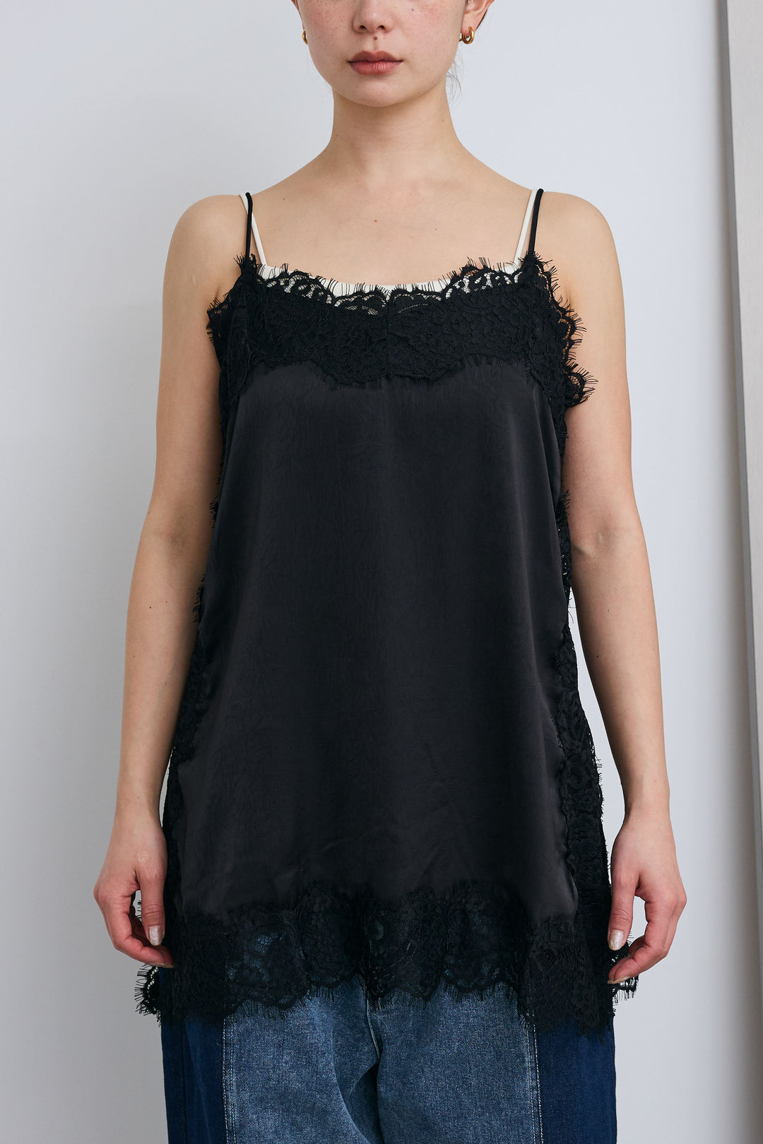 [予約/SET]ボートネックテクスチャーボーダーサマーニット+レーストリムキャミ+スリットレースサテンパンツ(3set)