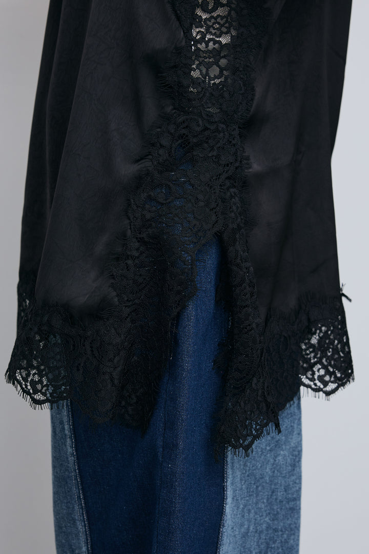 [予約/SET]ボートネックテクスチャーボーダーサマーニット+レーストリムキャミ+スリットレースサテンパンツ(3set)