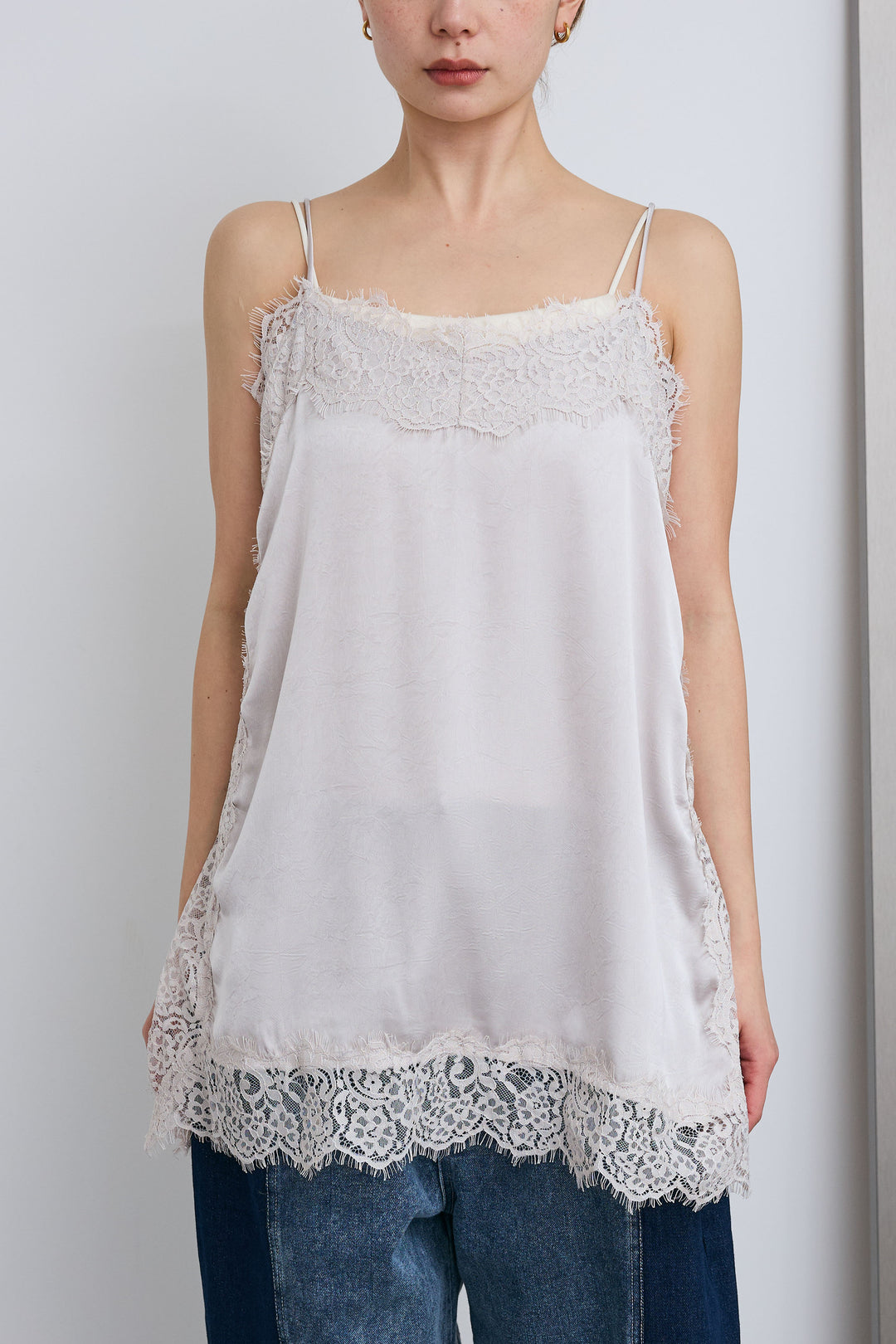 [予約/SET]ボートネックテクスチャーボーダーサマーニット+レーストリムキャミ+スリットレースサテンパンツ(3set)