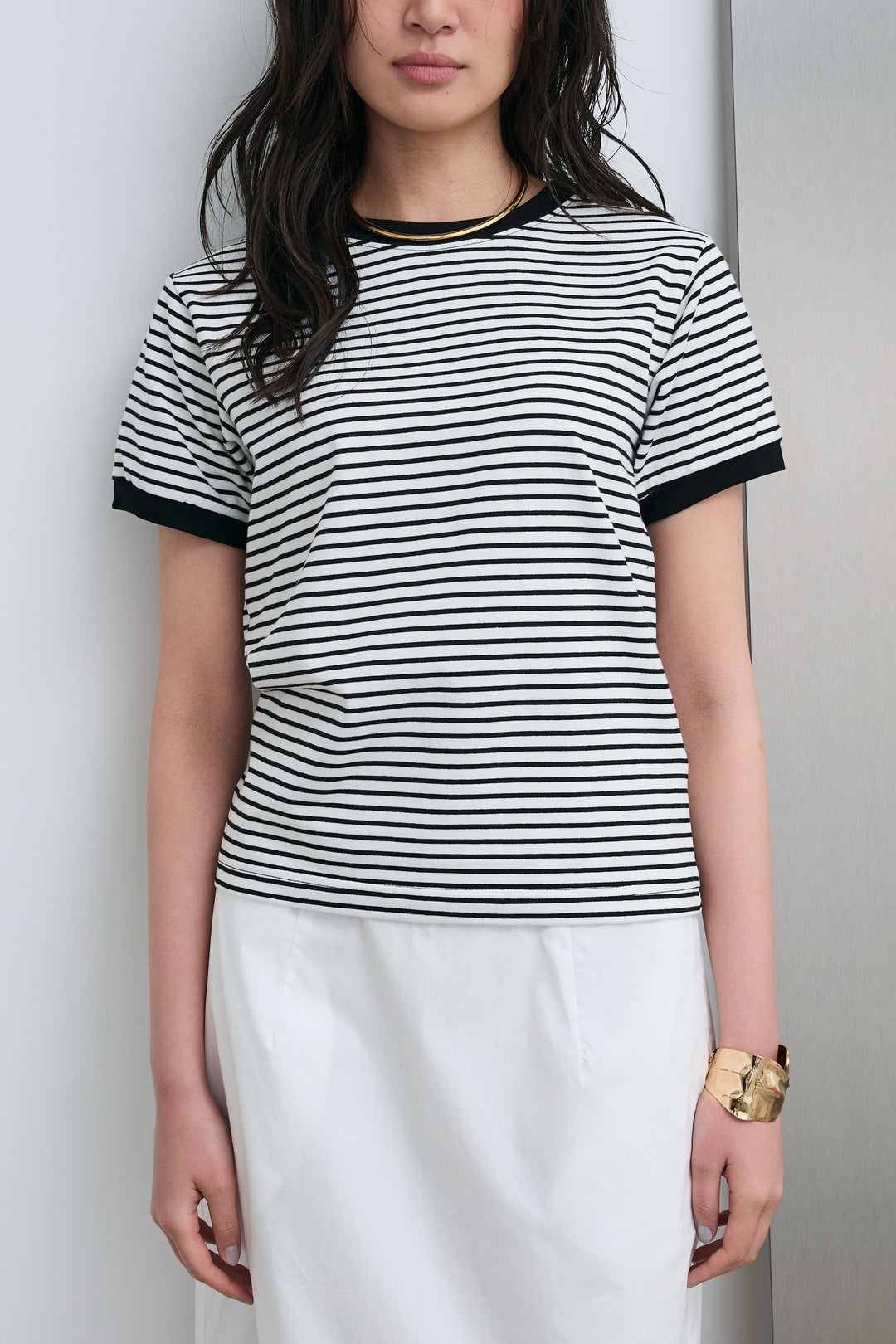 [予約/SET]ボーダーリンガーシャツ+裾レースレイヤードスカート(2set)