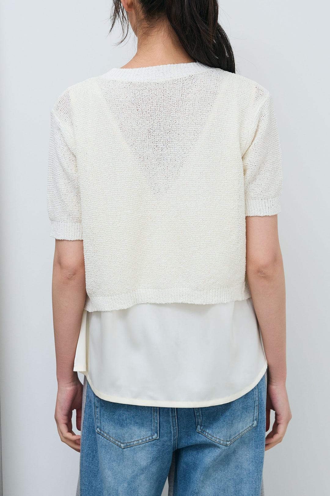 [予約/SET]フロントポケットハーフスリーブカーディガン+レース切り替えサテンブラウス+スウェット切り替えデニムパンツ(3set)