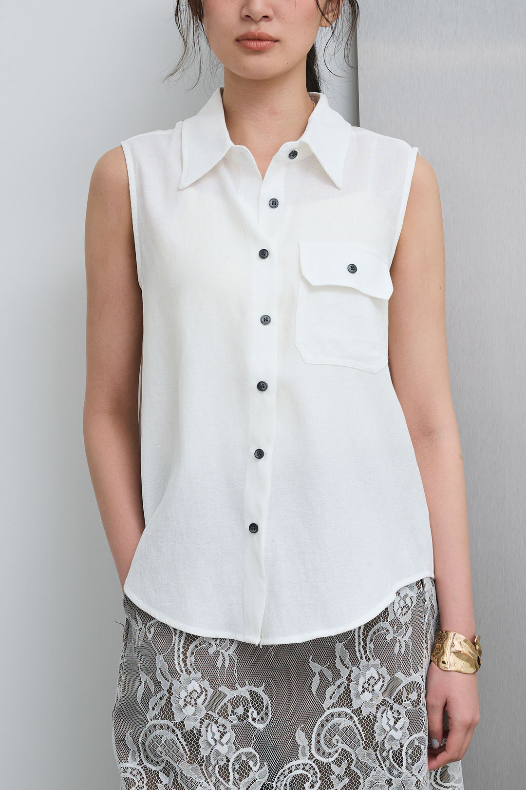 [予約/SET]ポケットノースリーブシャツ+レースドッキングツイルパンツ(2set)