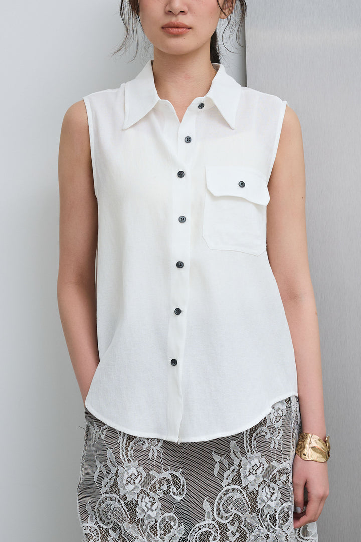 [予約/SET]ポケットノースリーブシャツ+レースドッキングツイルパンツ(2set)