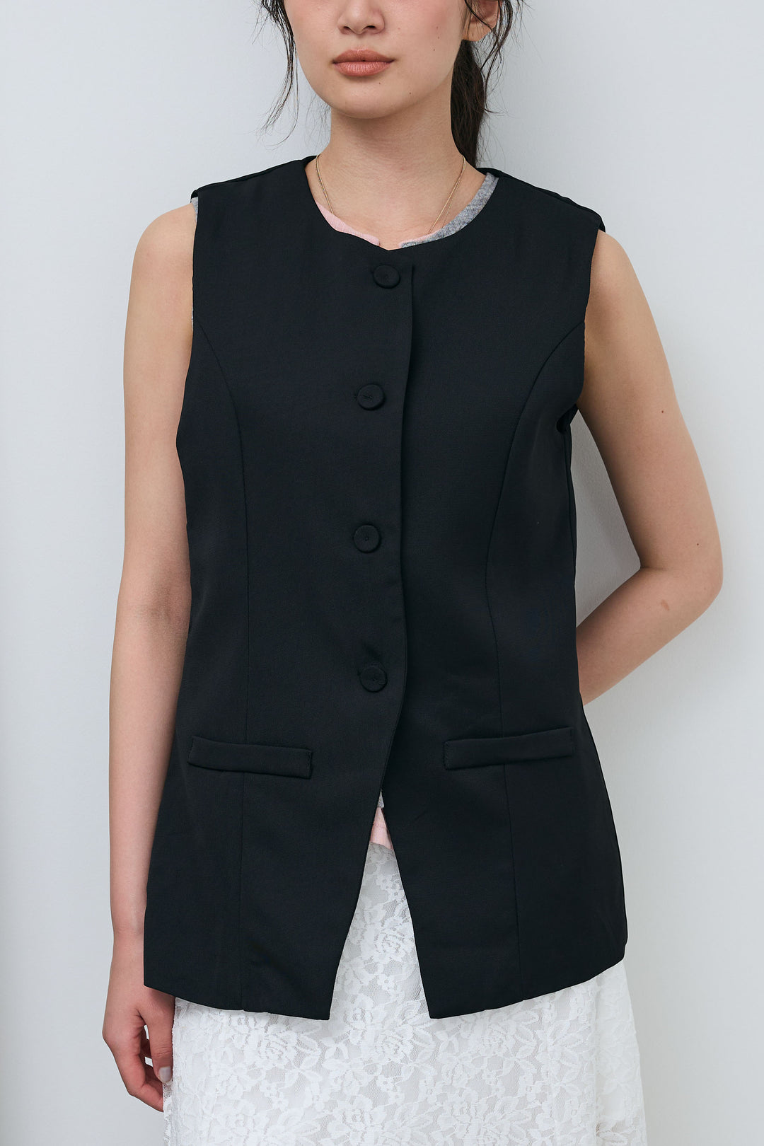 [予約/SET]クルーネックミディベスト+総レーススカート(2set)