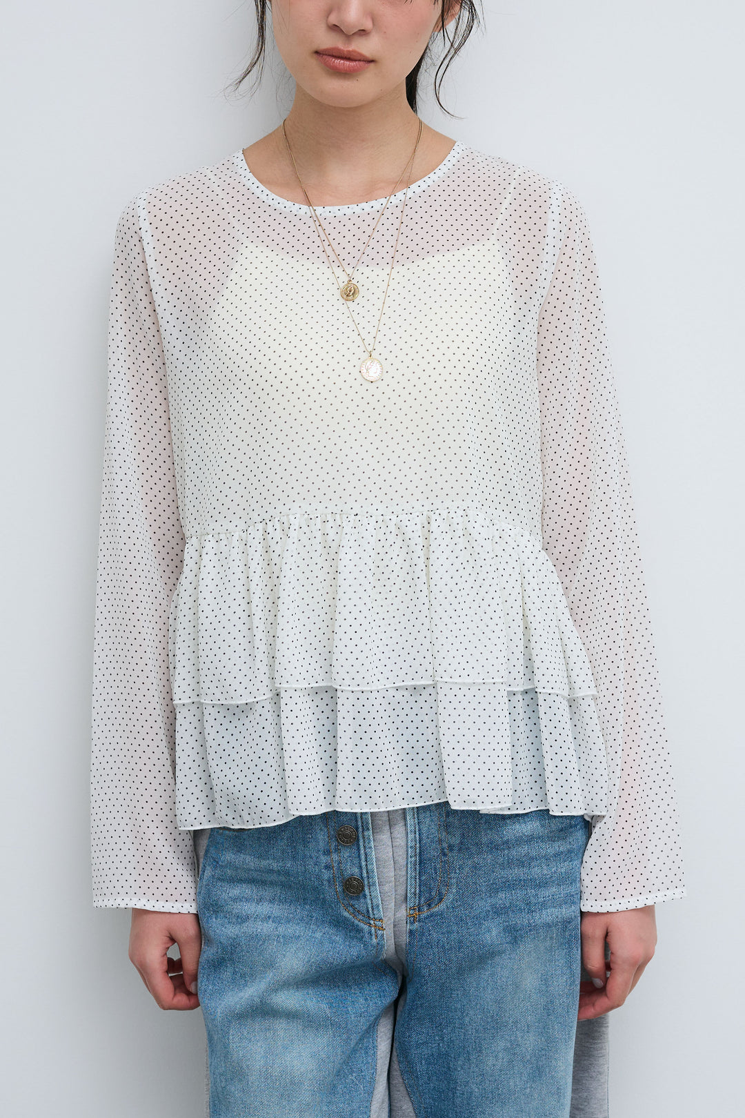 [予約/SET]シアードットブラウス+スウェット切り替えデニムパンツ(2set)