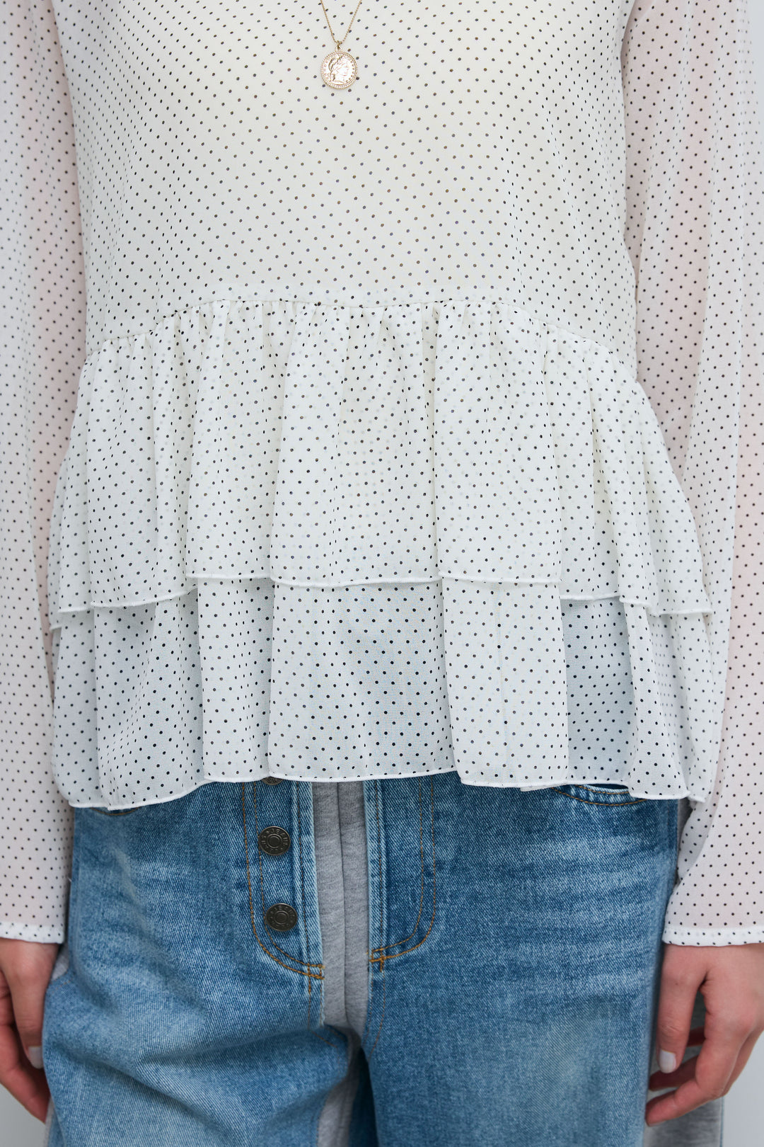 [予約/SET]シアードットブラウス+スウェット切り替えデニムパンツ(2set)