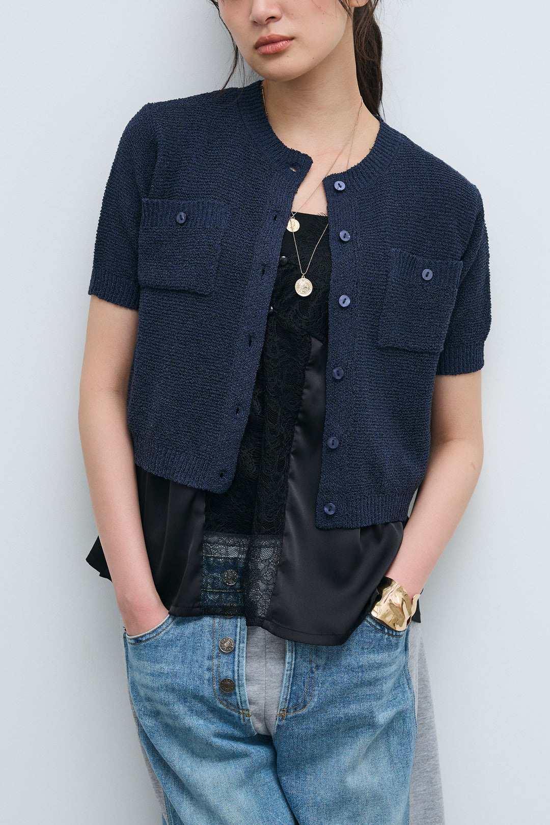 [予約]フロントポケットハーフスリーブカーディガン