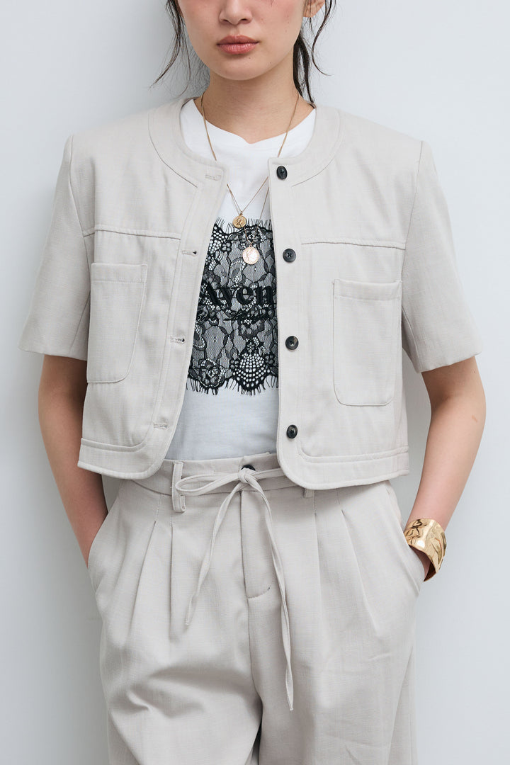 [予約]デニムライクノーカラーハーフスリーブセットアップ