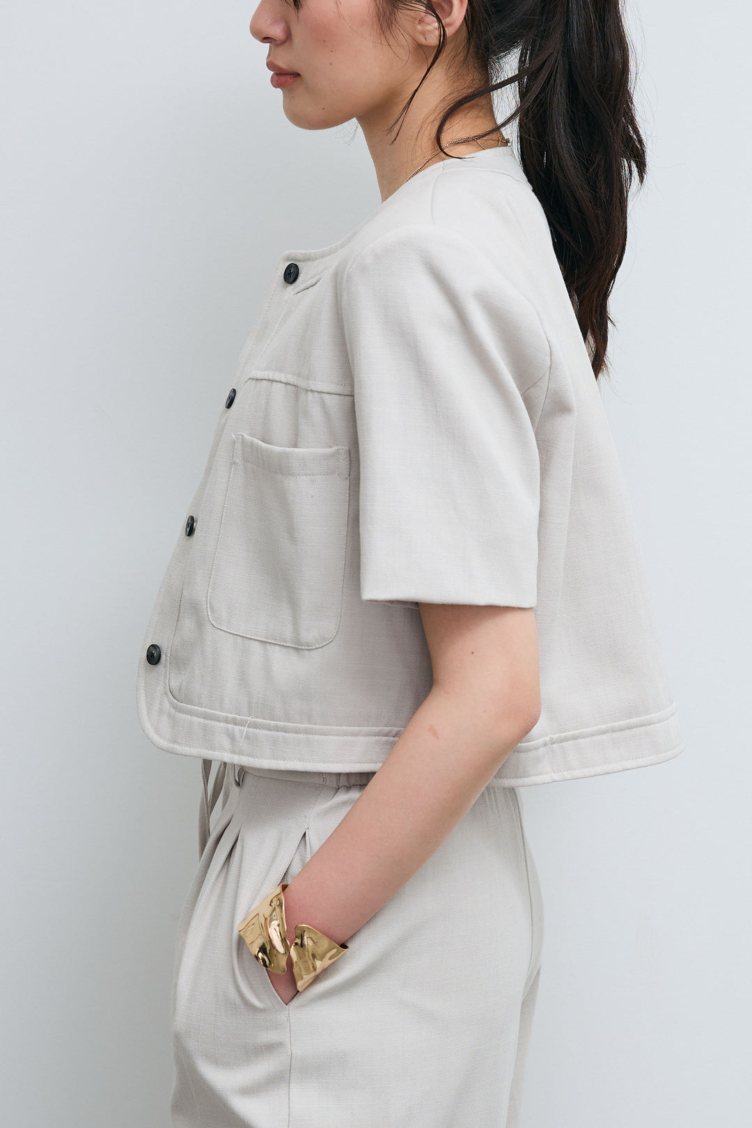 [予約]デニムライクノーカラーハーフスリーブセットアップ