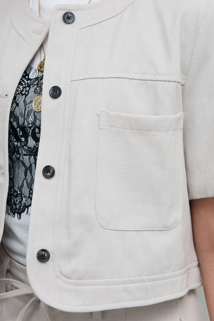 [予約]デニムライクノーカラーハーフスリーブセットアップ