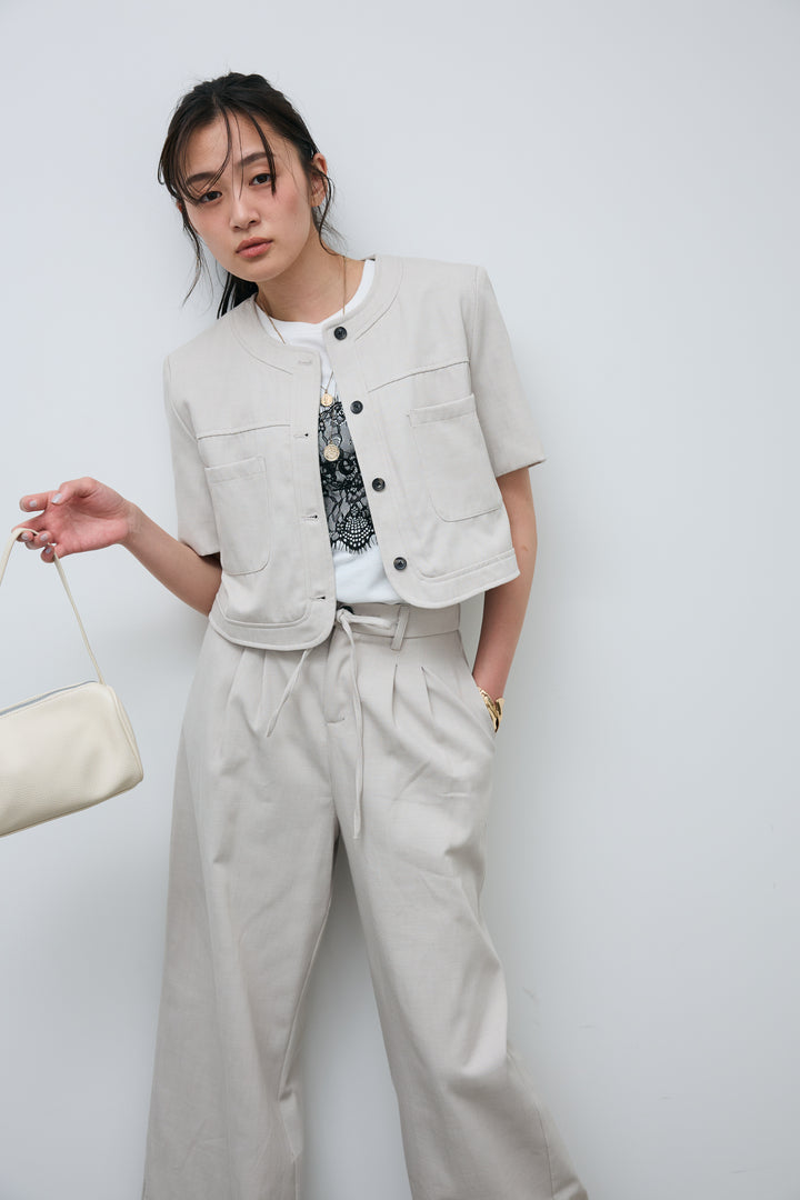 [予約/SET]デニムライクノーカラーハーフスリーブセットアップ+cooltouchレースロゴ刺繍Tシャツ(2set)