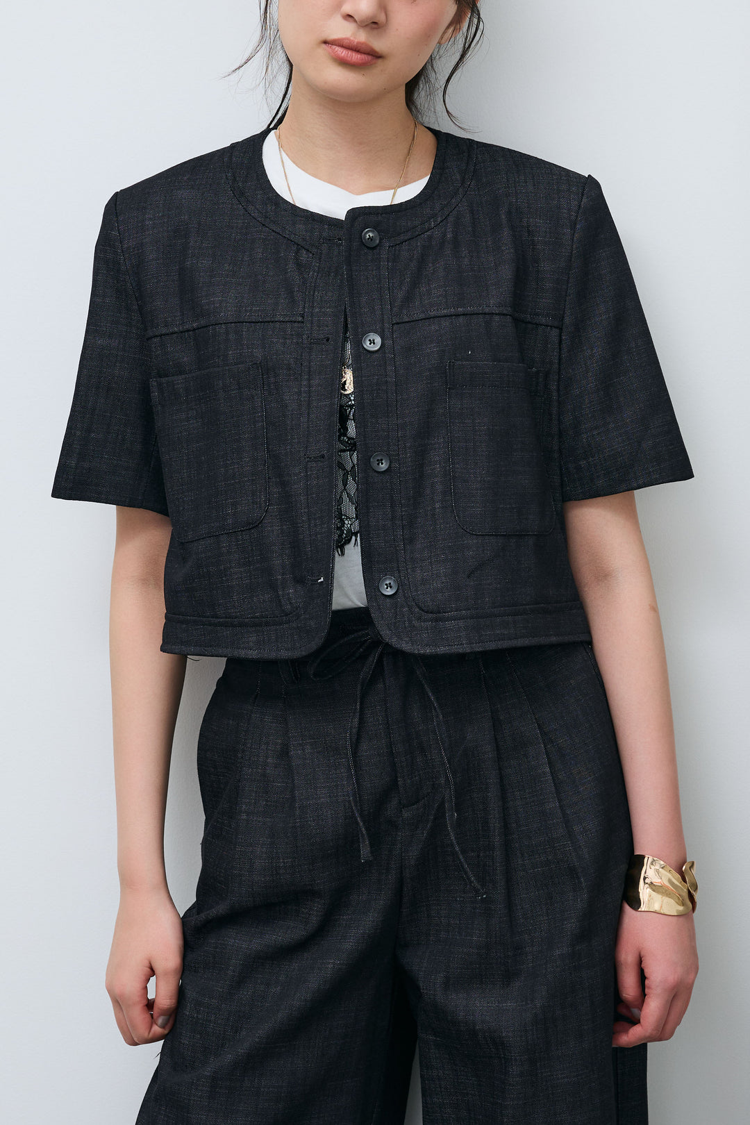 [予約]デニムライクノーカラーハーフスリーブセットアップ