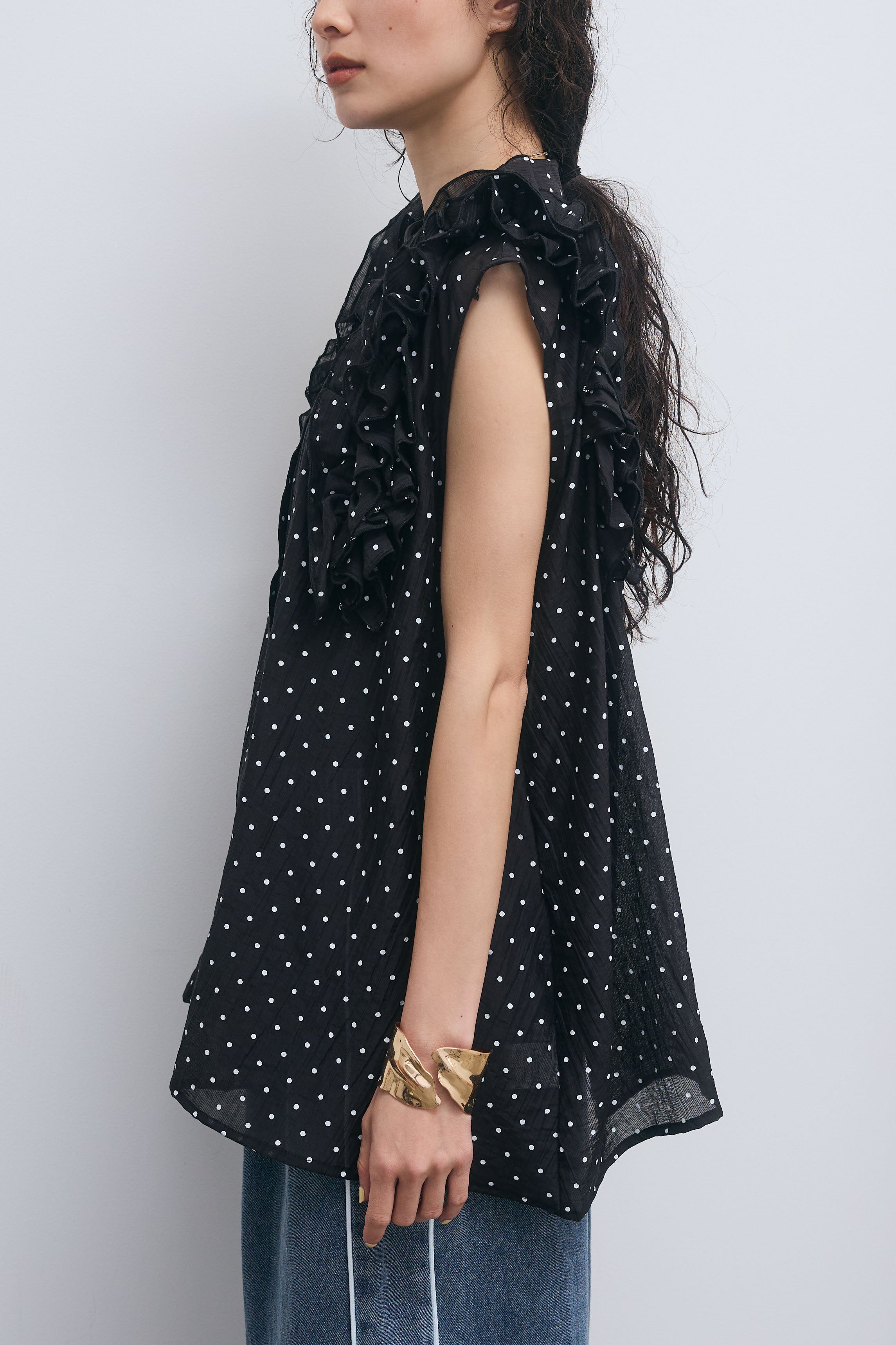 予約/SET]シアーフリルブラウス+合繊ツイルスタンドウエストラップ