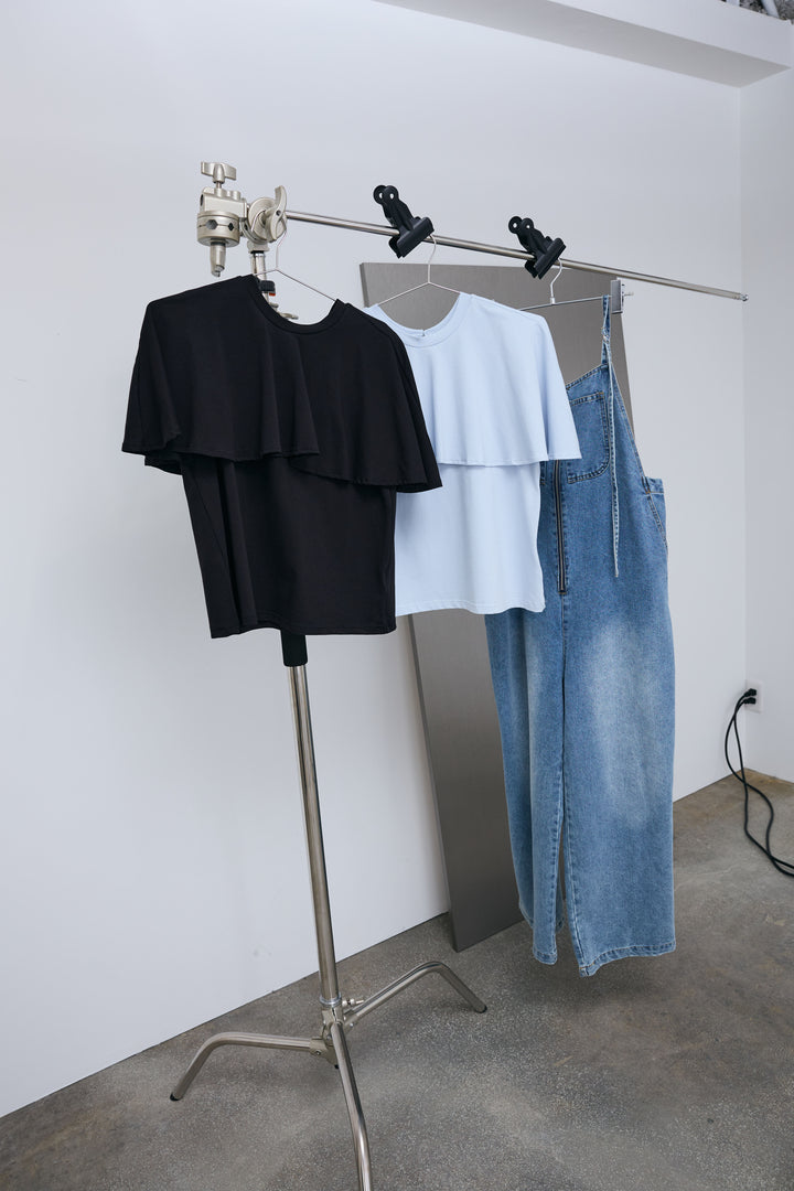 [予約/SET]天竺ケープTシャツ+天竺ケープTシャツ+フロントジップストラップデザインデニムサロペット(3set)