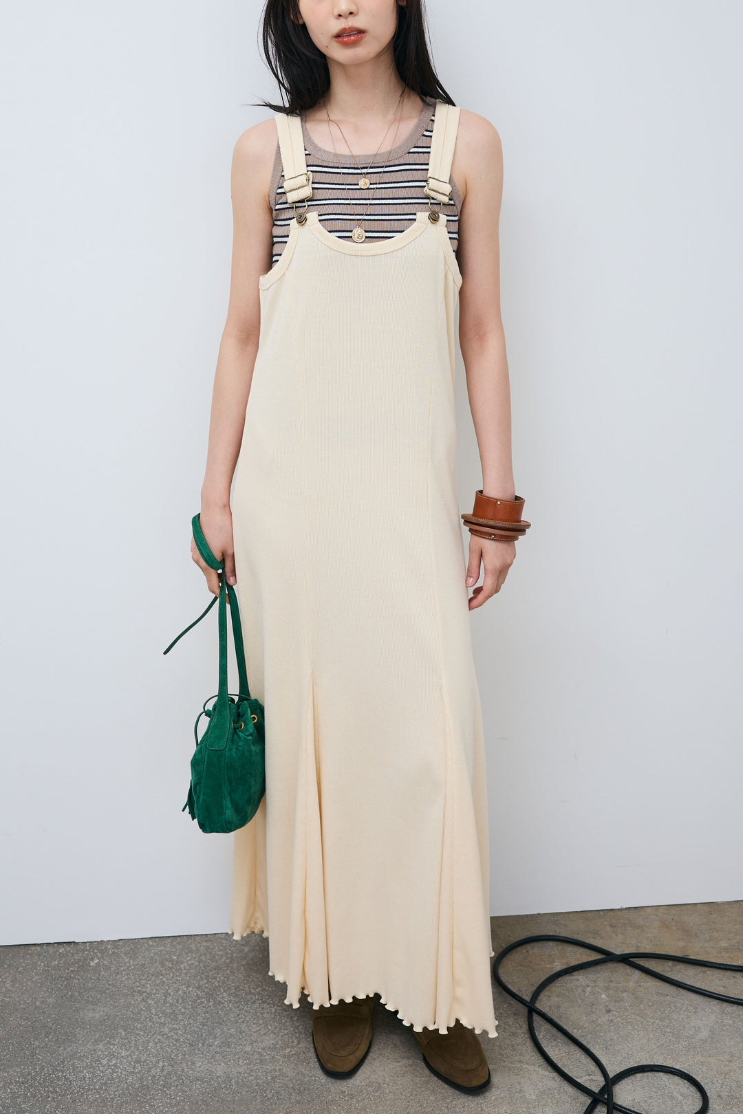 [予約/SET]リブニットボーダータンクトップ+リブテレコサロペットワンピース(2set)