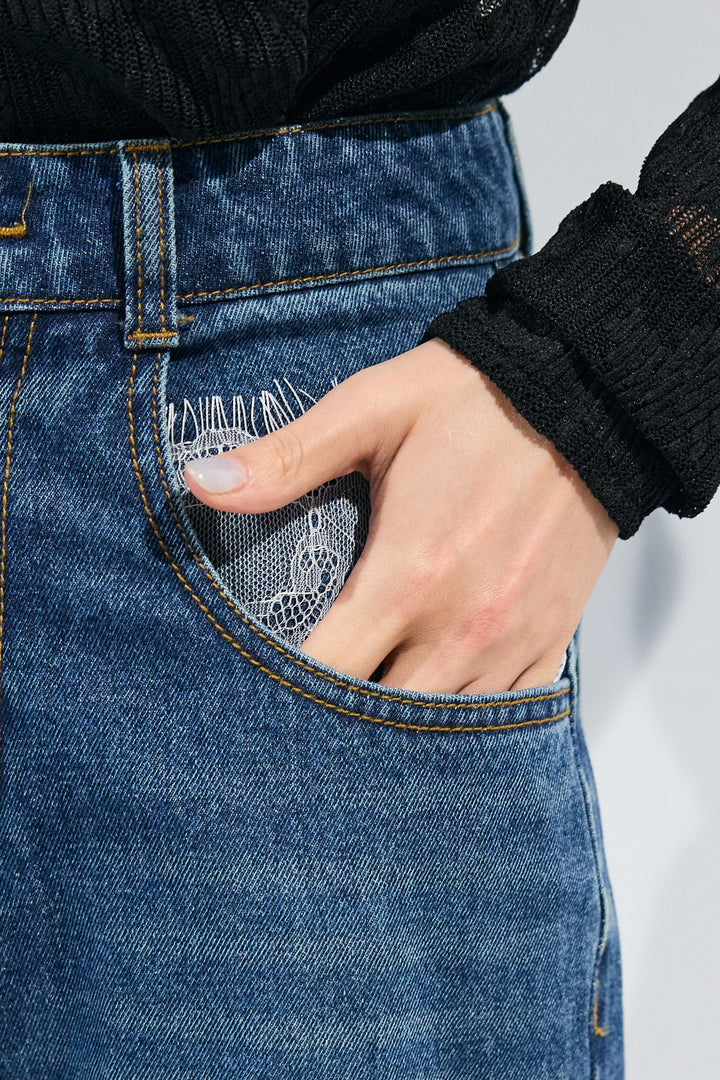 [予約/SET]シアーロンT×フェイクレザーキャミセット+レースデニムパンツ(2set)