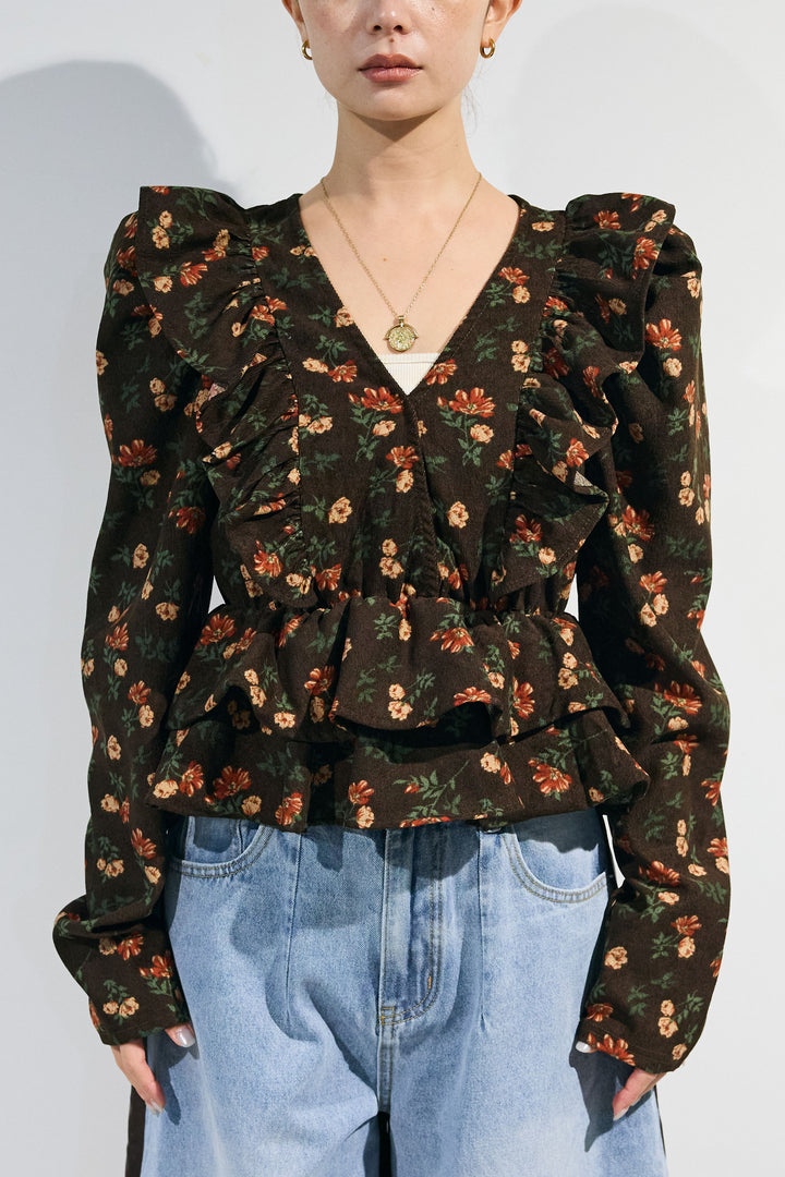 [予約/SET]ビンテージフラワーコーデュロイラッフルブラウス+フェイクレザードッキングカーブデニム(2set)