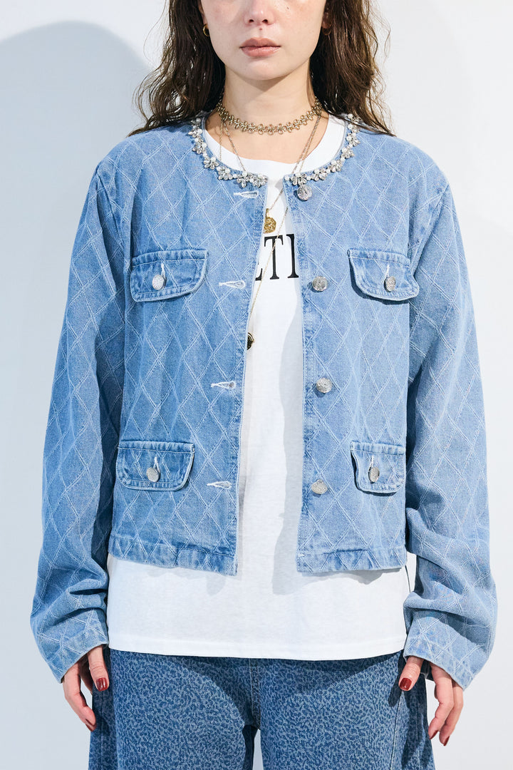 [予約/SET]ビジュートリムノーカラーデニムジャケット+ダンボールニットサイドラインパンツ(2set)