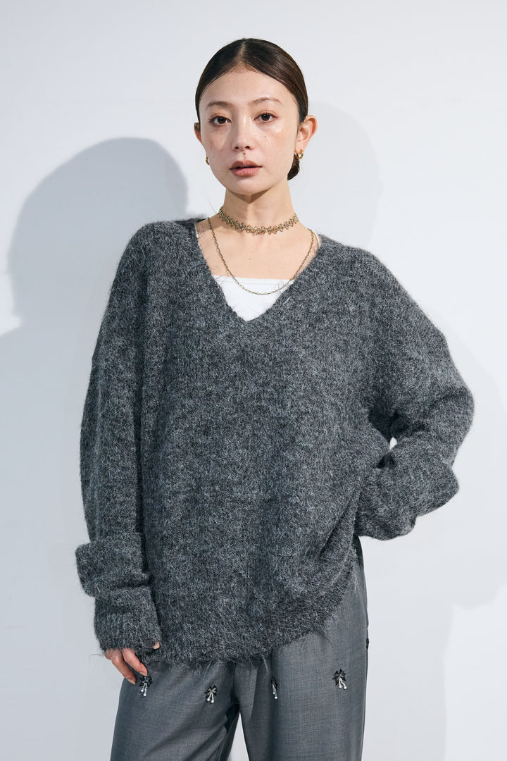 [予約/SET]モヘアライクルーズVネックダメージニット+総ビーズ刺繍パンツ(2set)