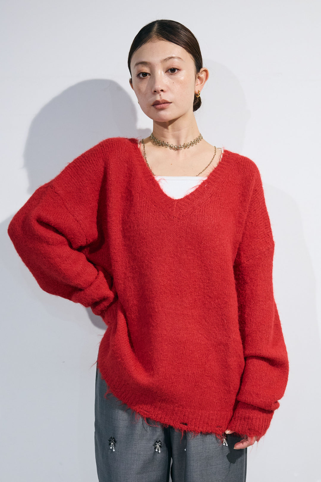 [予約]モヘアライクルーズVネックダメージニット