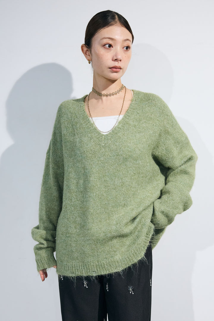[予約]モヘアライクルーズVネックダメージニット